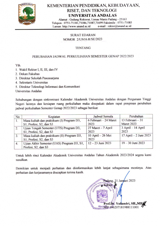 Perubahan Jadwal Perkuliahan Semester Genap T.A 2022/2023