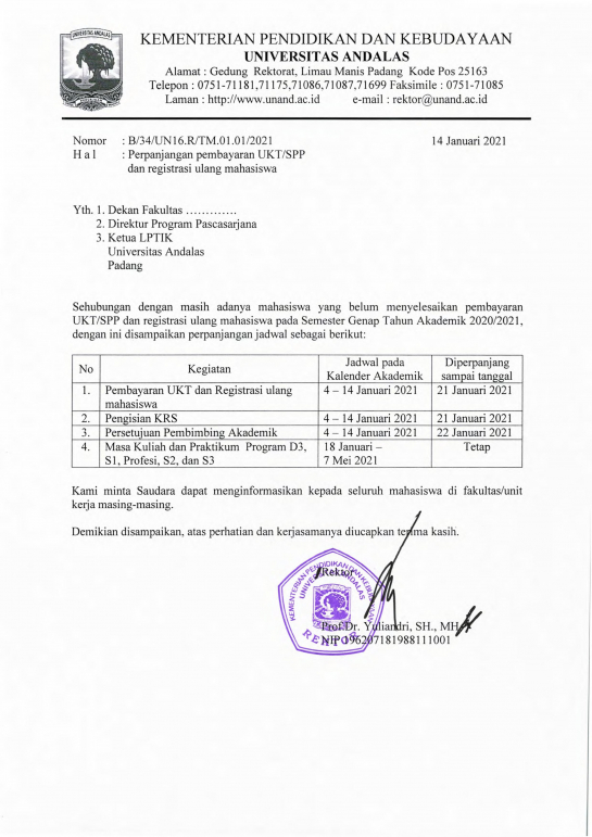 Perpanjangan Pembayaran UKT/SPP dan Registrasi ulang Mahasiswa Semester Genap 2020-2021