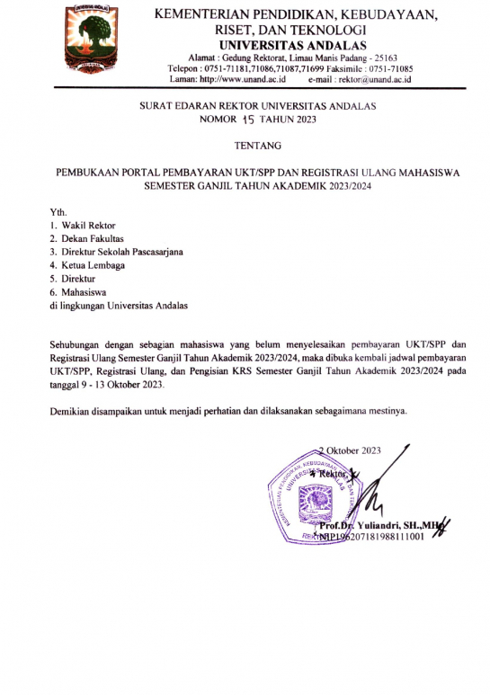 Surat Edaran Rektor Tentang &quot;Pembukaan Portal Pembayaran UKT/SPP dan Registrasi Ulang Mahasiswa Semester Ganjil TA 2023/2024&quot;