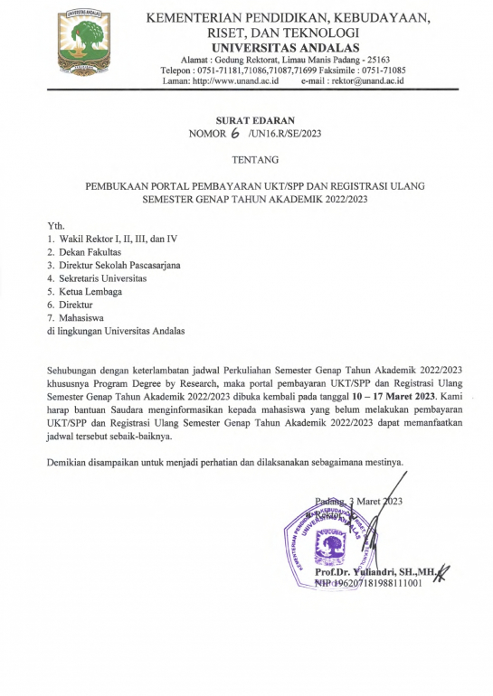 Pembukaan Portal Pembayaran UKT/SPP dan Registrasi Ulang Semester Genap T.A 2022/2023