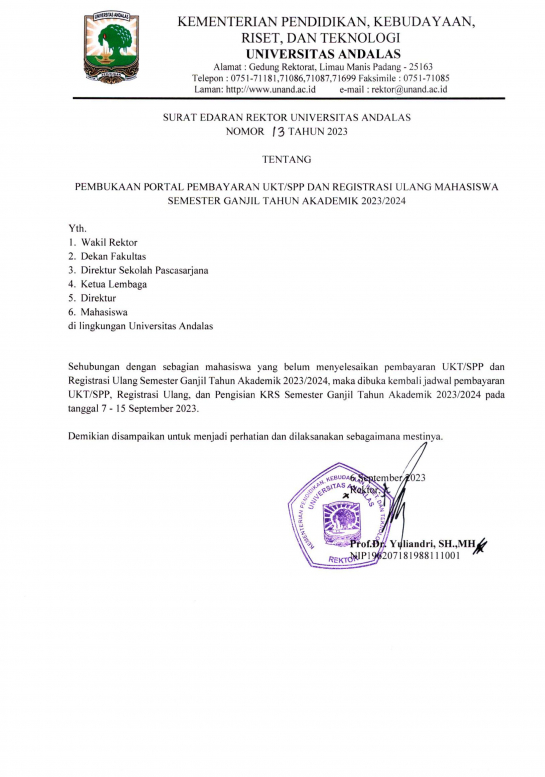 Surat Edaran Rektor Tentang &quot;Pembukaan Portal Pembayaran UKT/SPP dan Registrasi Ulang Mahasiswa Semester Ganjil TA 2023/2024&quot;